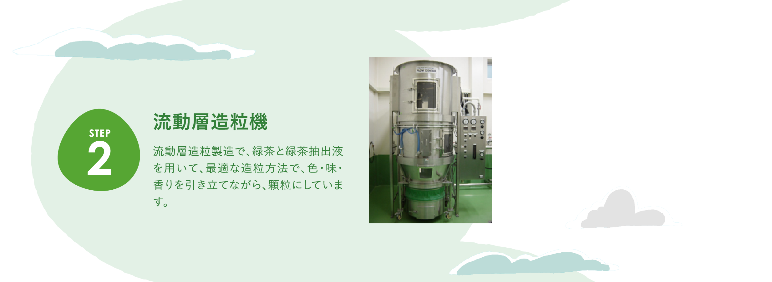 step2 流動層造粒機 流動層造粒製造で、緑茶と緑茶抽出液を用いて、最適な造粒方法で、色・味・香りを引き立てながら、顆粒にしています。